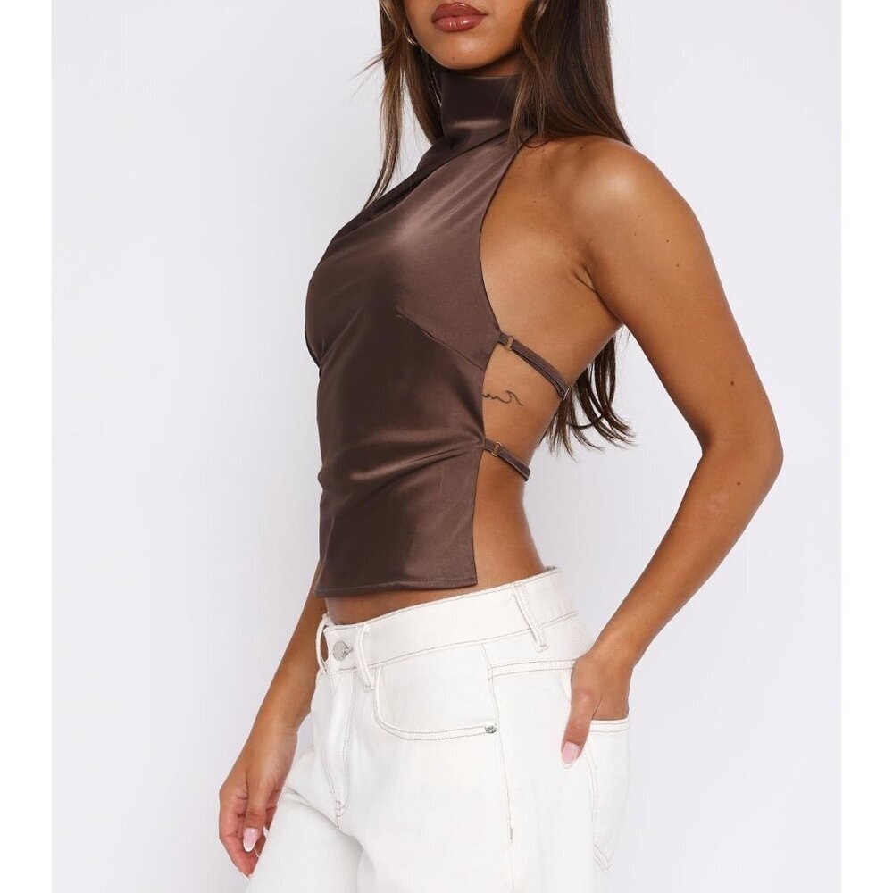 Women's Satin Tank Top Halter Backless Sleeveless Crop Dressy Casual - Picture 3 of 5